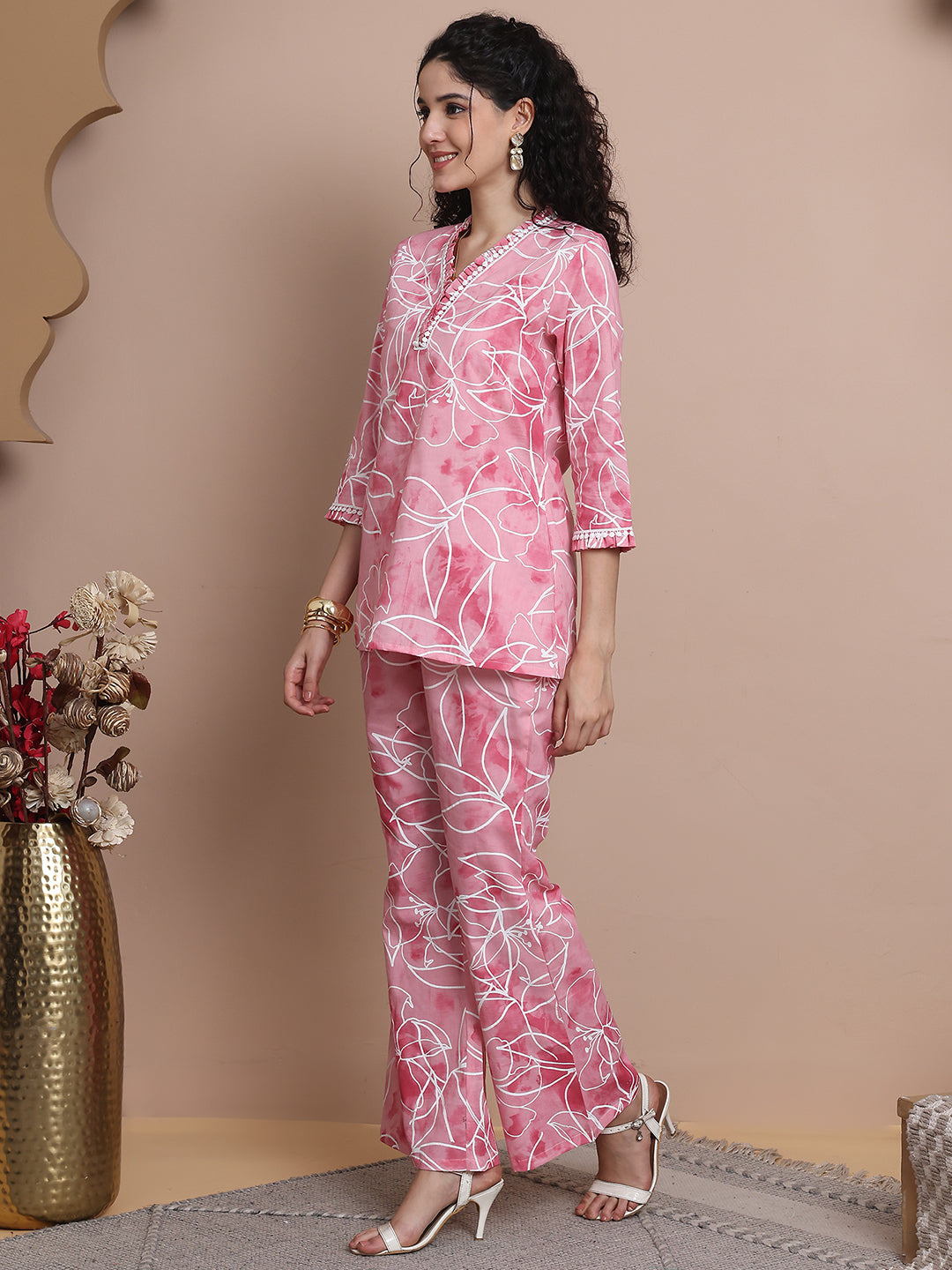Pink Co-Ord Set with Trousers and 3/4 Sleeves