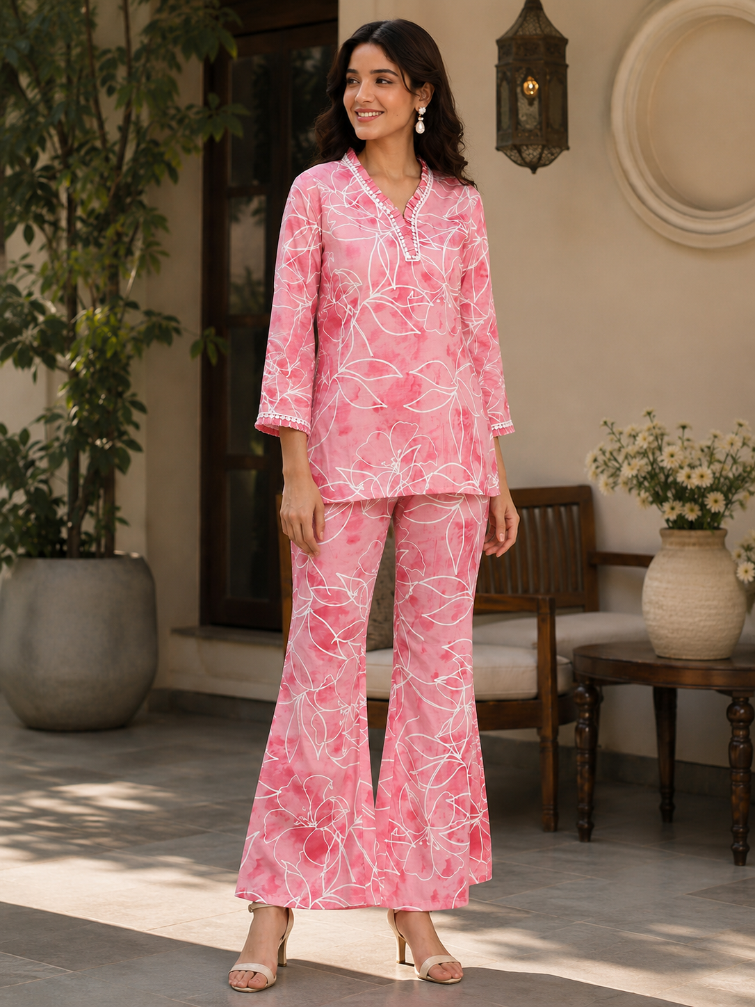 Pink Abstract Printed Cotton Casual Co-Ord Set for Women