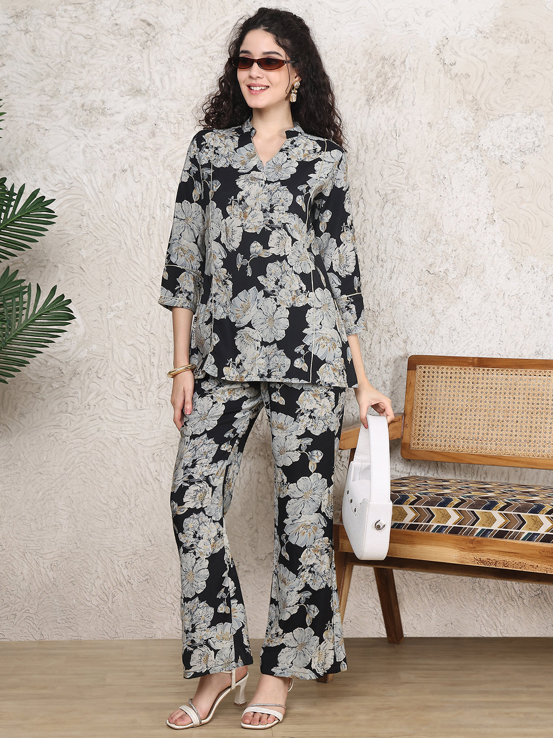 Black Abstract Printed Chanderi Silk V-neck Co-Ord Set for Women | Claura