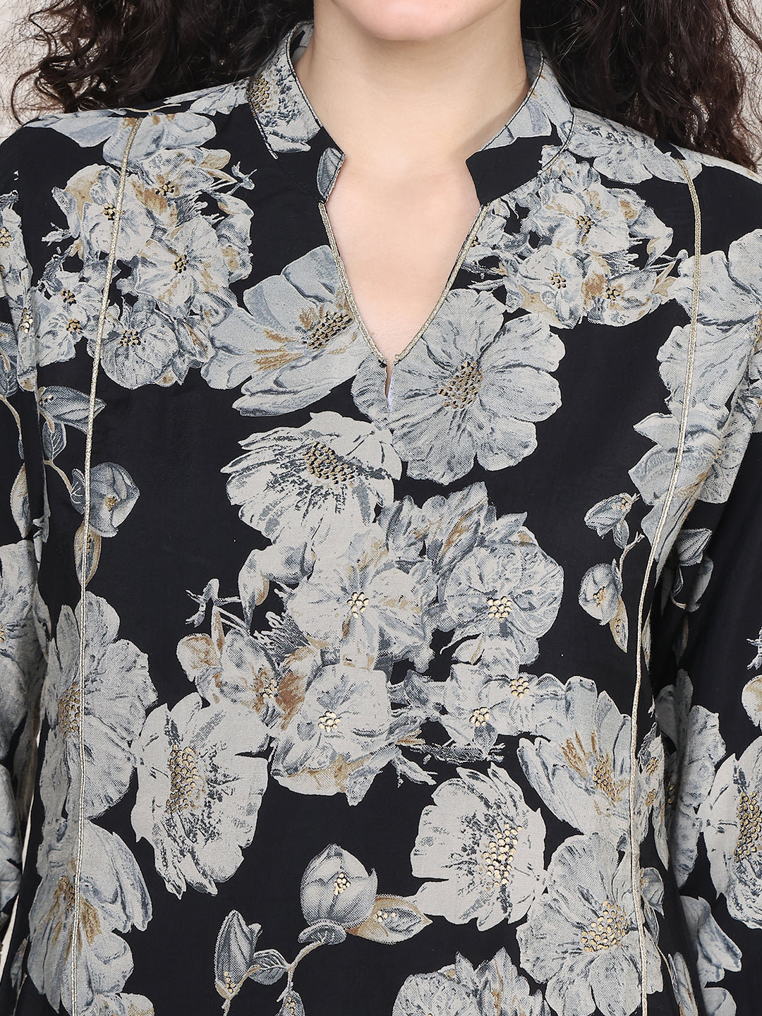 Black Abstract Printed Chanderi Silk V-neck Co-Ord Set for Women | Claura