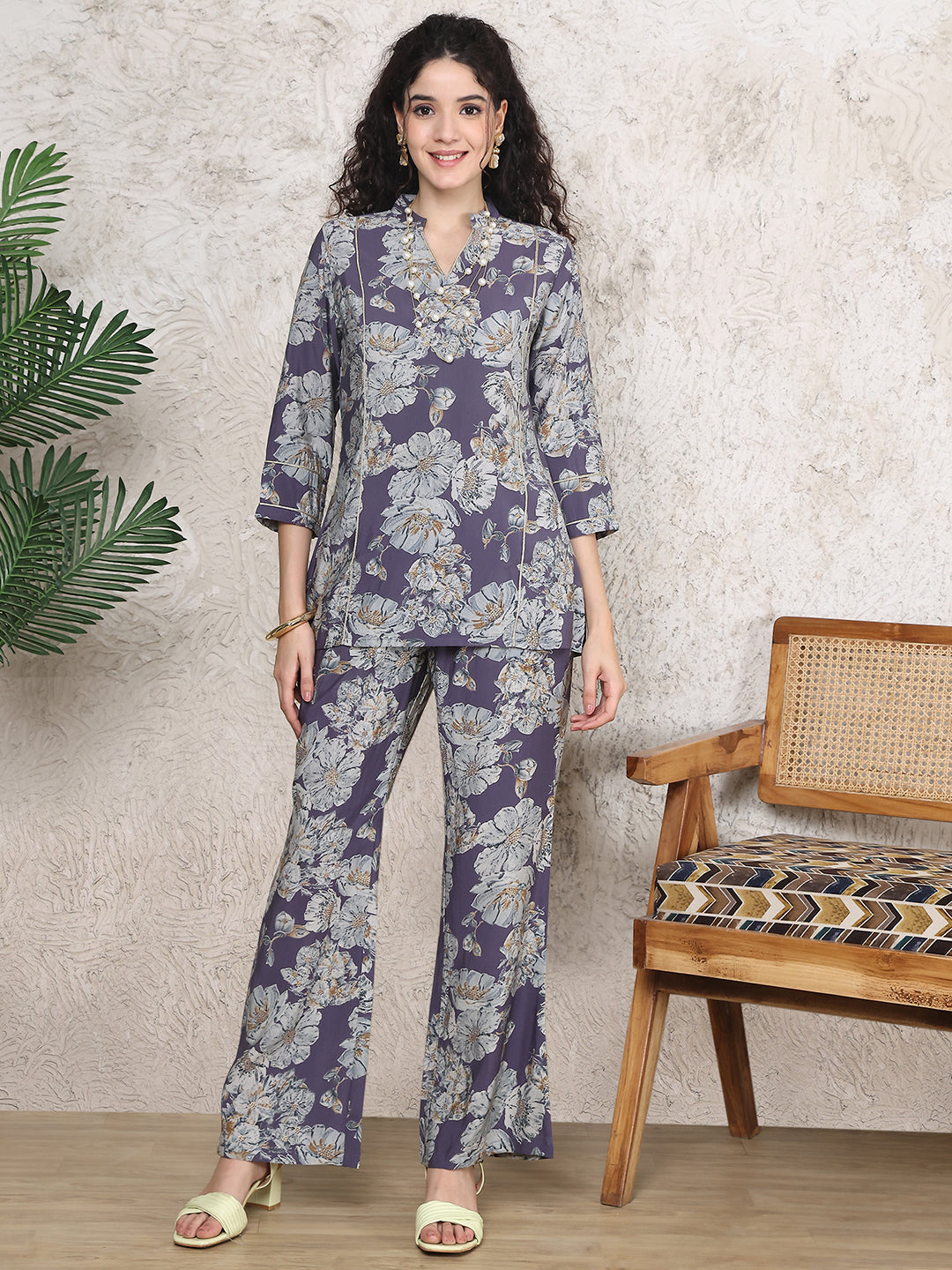 Purple Co-Ord Set with Trousers and 3/4 Sleeves