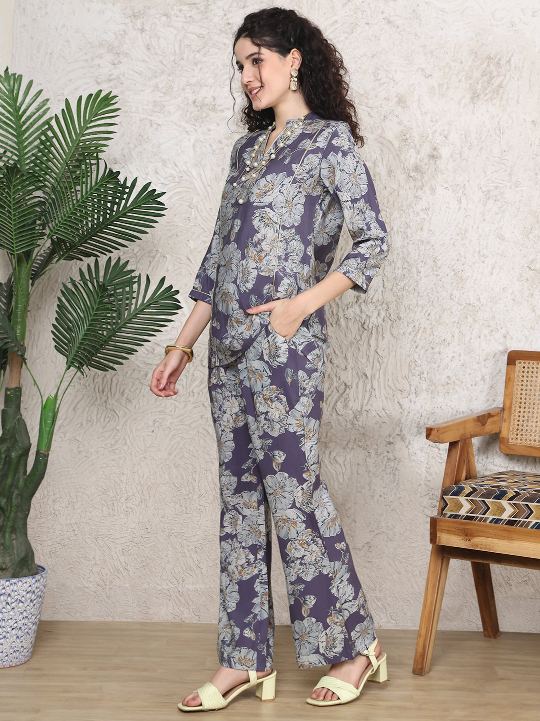 Close-up of Mandarin Collar and Floral Print on Purple Tunic