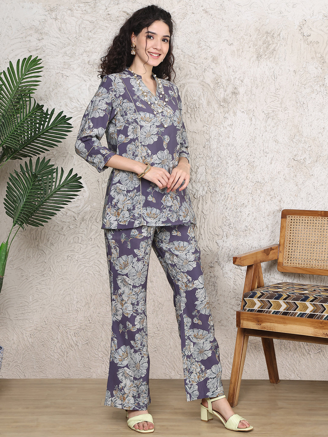 Back view of model in comfortable Purple floral co-ord
