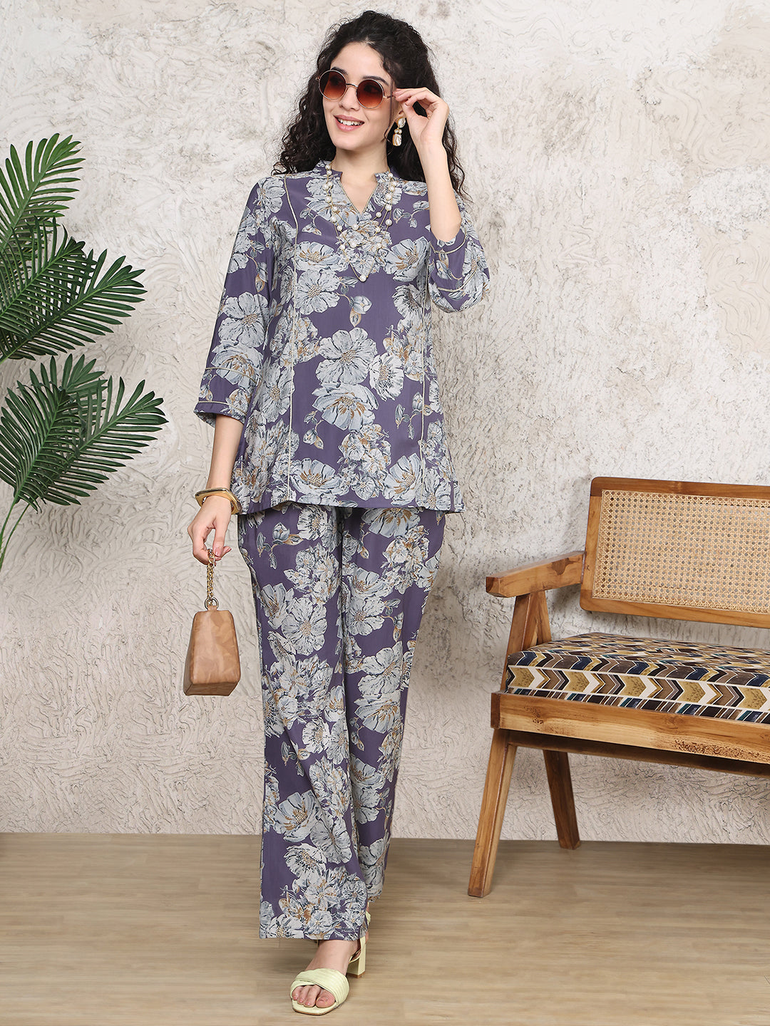 Woman wearing Purple Floral Printed Co-Ord Set