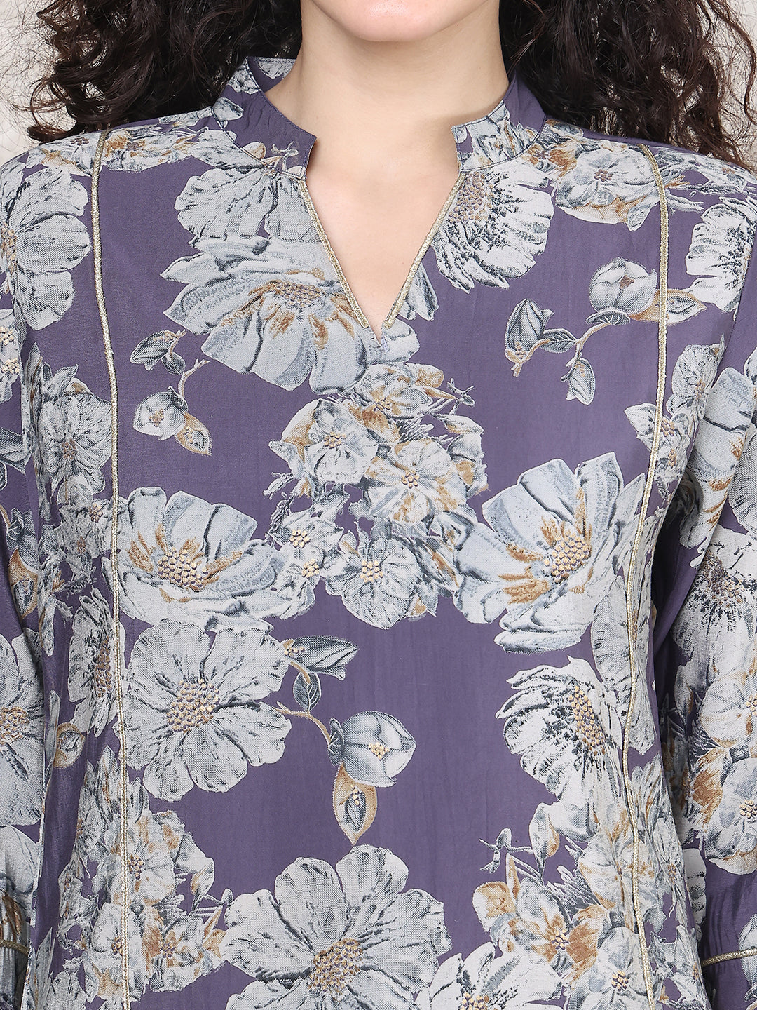 Close-up of Mandarin Collar and Floral Print on Purple Tunic