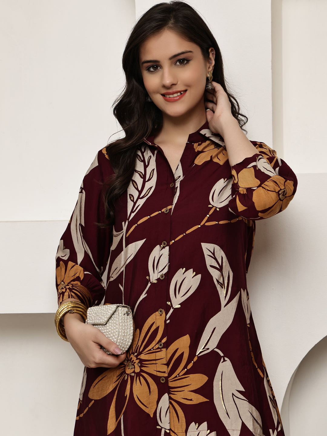 Maroon Co-Ord Set with Trousers & Shirt Collar Tunic