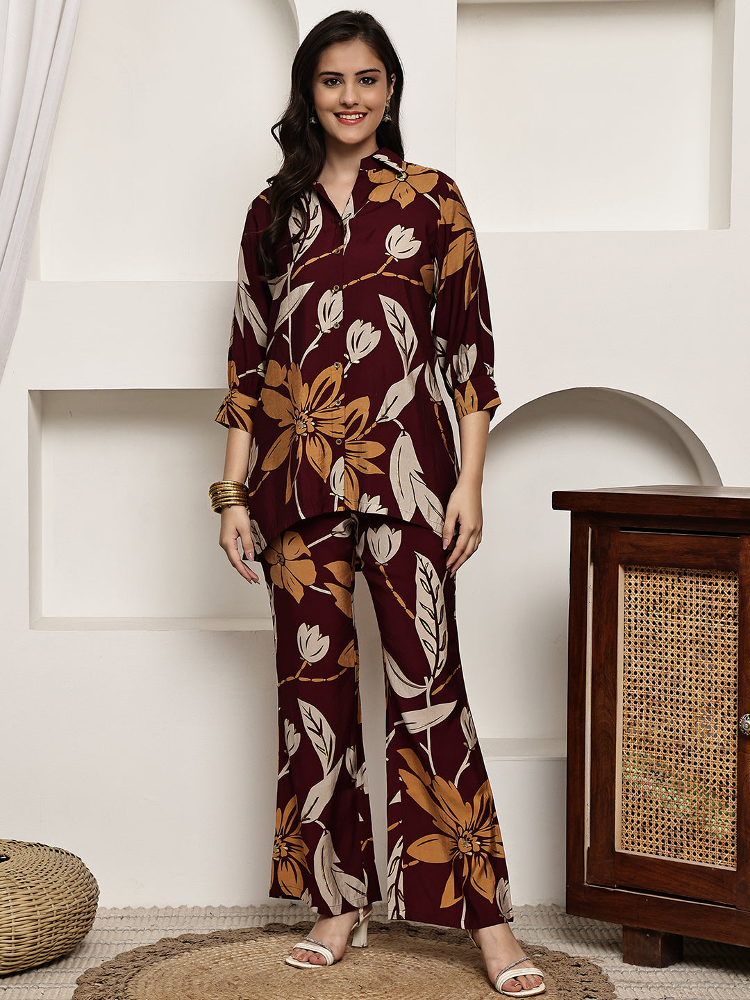Close-up of Chanderi fabric floral print on Maroon Co-Ord Set