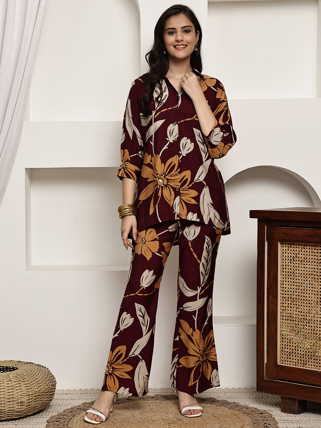 Woman wearing Maroon Floral Printed Co-Ord Set