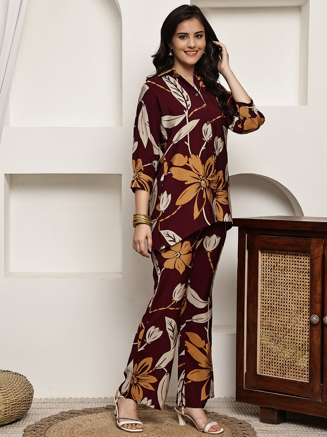 Maroon Co-Ord Set with Trousers & Shirt Collar Tunic