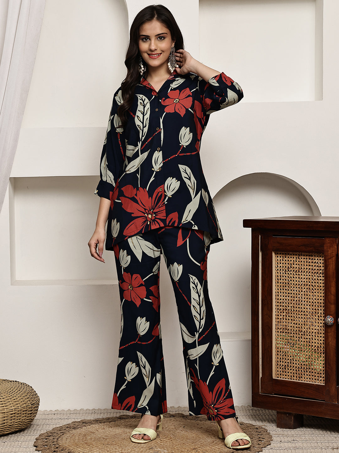 Close-up of Chanderi fabric and floral detail on Navy Blue Co-Ord Set