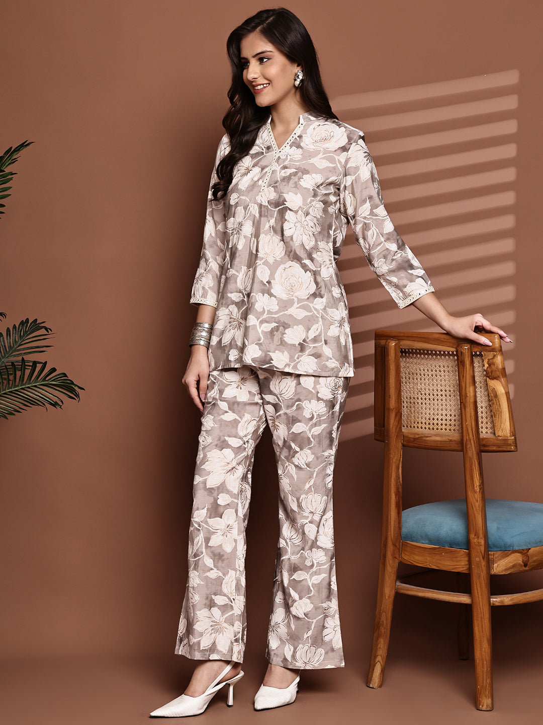 Lifestyle shot of Floral Printed Co-Ord Set at an outdoor cafe