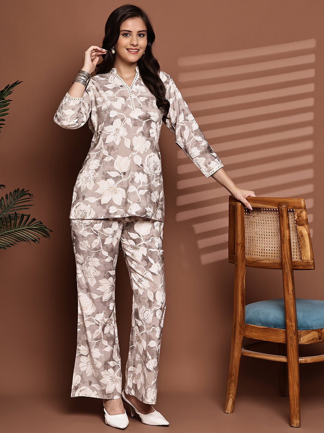 Cream Co-Ord Set with Trousers & Mandarin Collar Tunic
