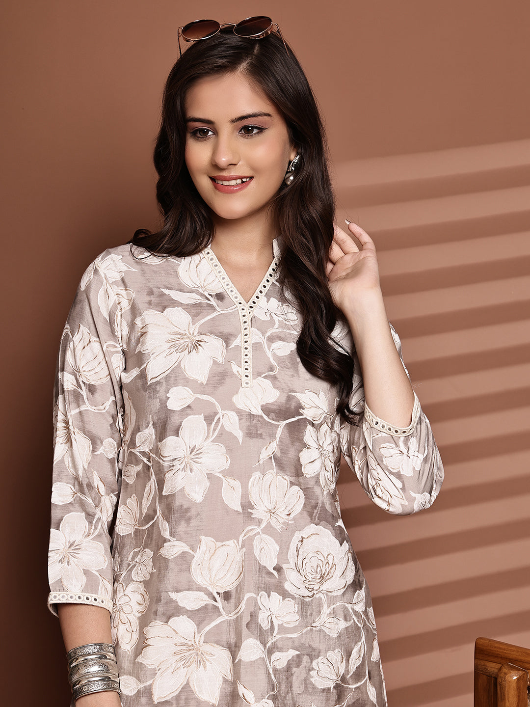 Close-up of Chanderi Silk fabric on Cream Floral Co-Ord Set