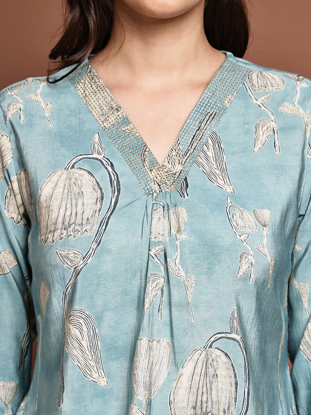 Close-up of Chanderi fabric detail on Blue Co-Ord Set