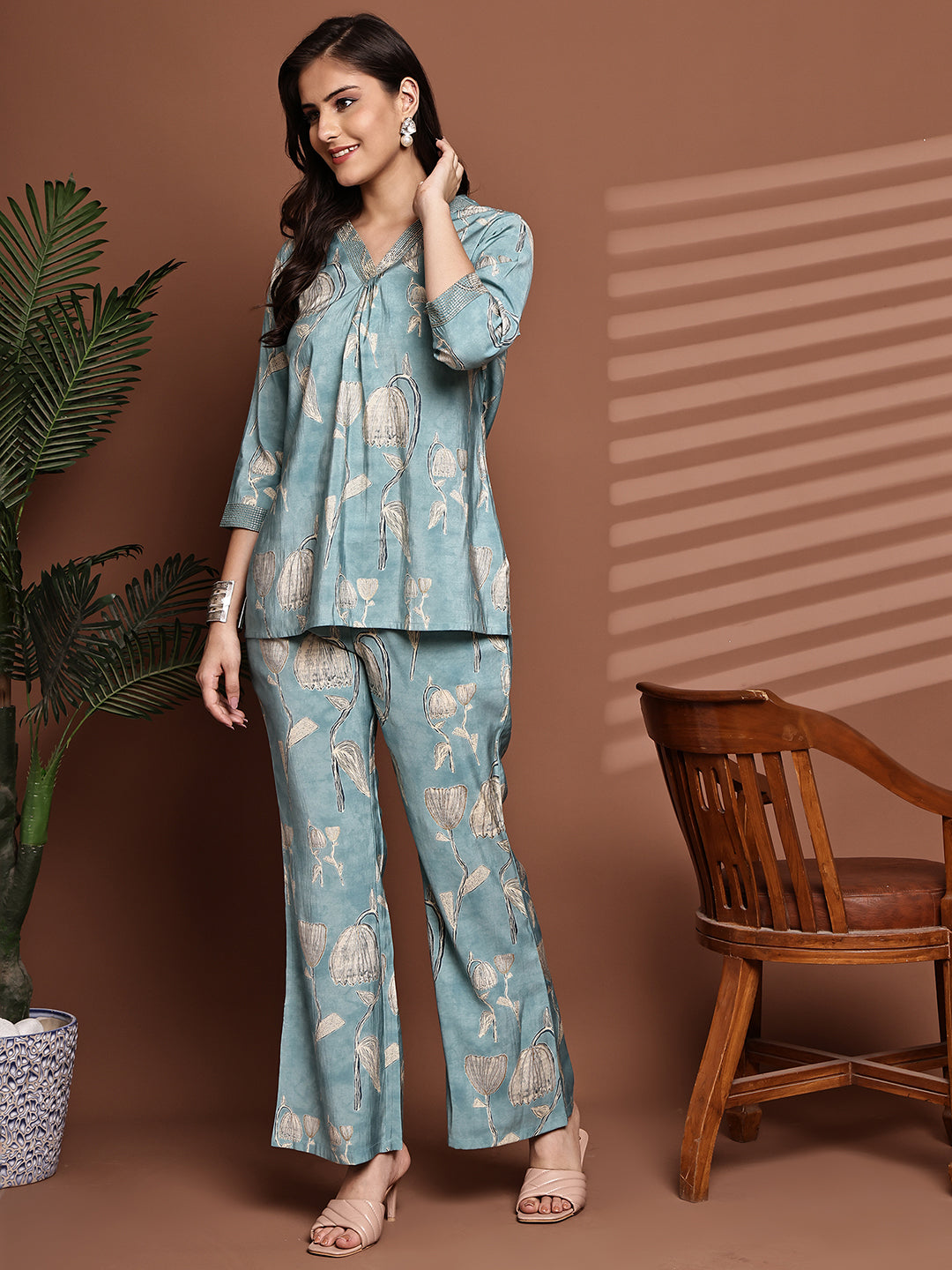 Lifestyle shot of Floral Printed Co-Ord Set at an outdoor cafe