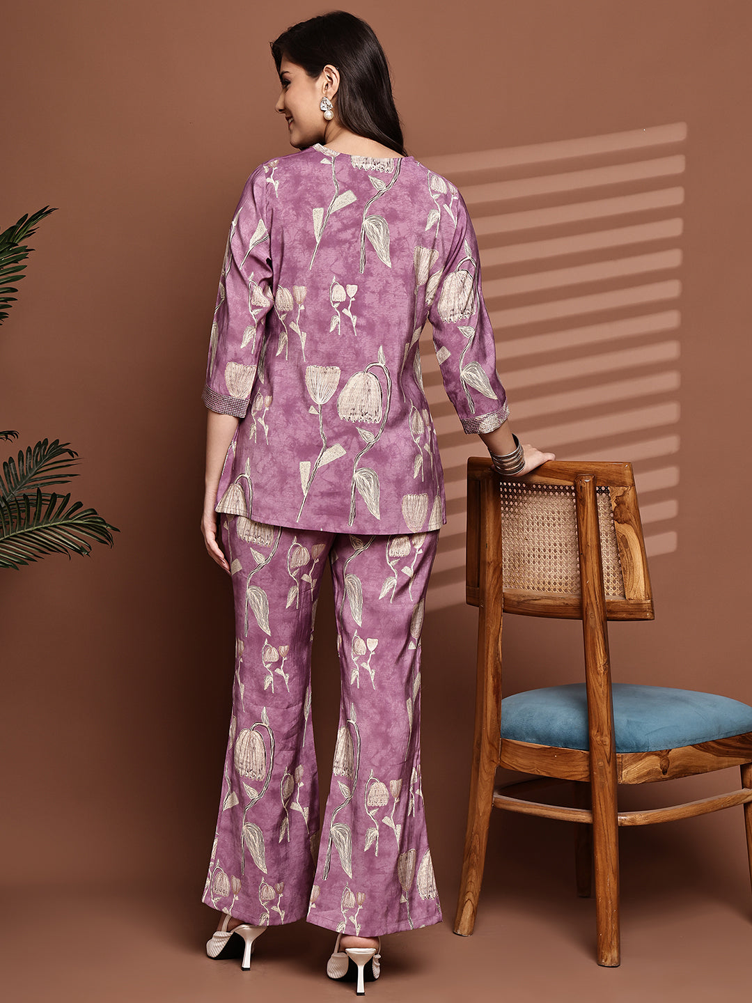 Back view of model styling Mauve co-ord outfit for daytime