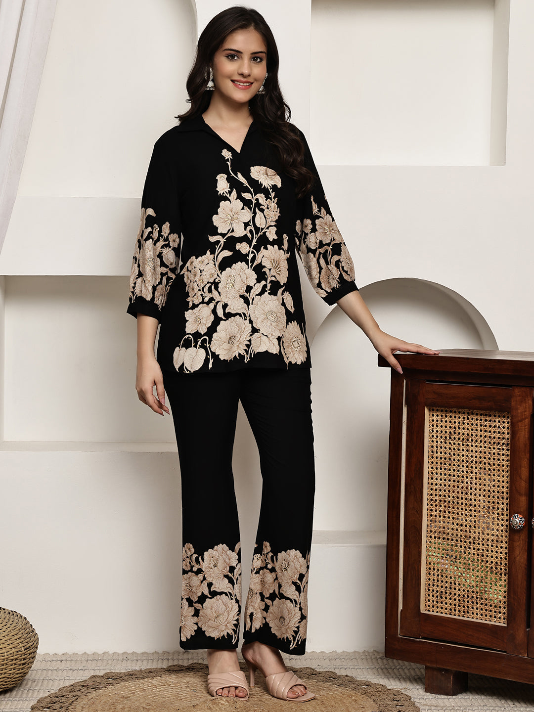 Black Floral Co-Ord Set with Trousers & V-Neck Tunic