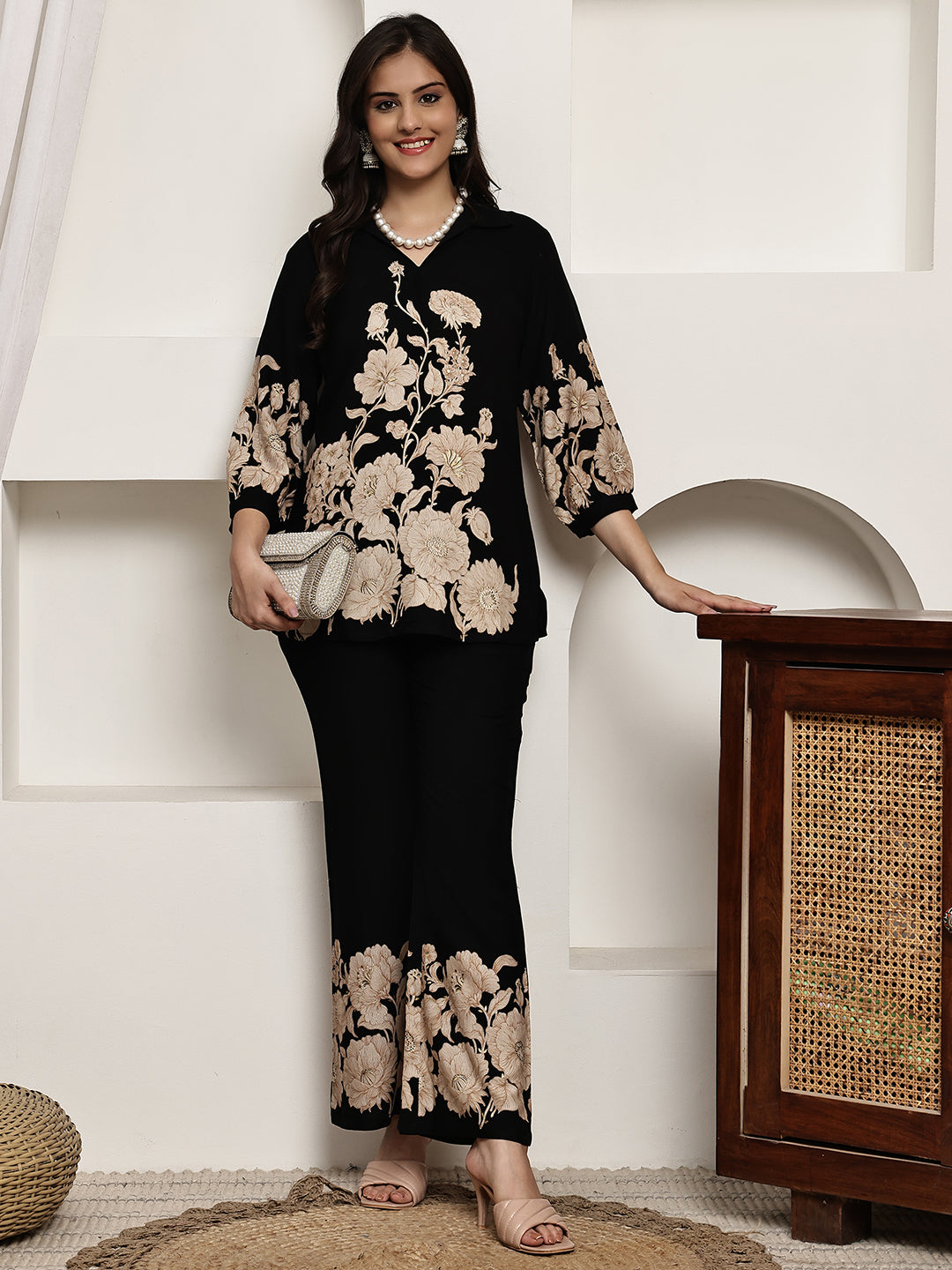 Woman wearing Black Floral Co-Ord Set