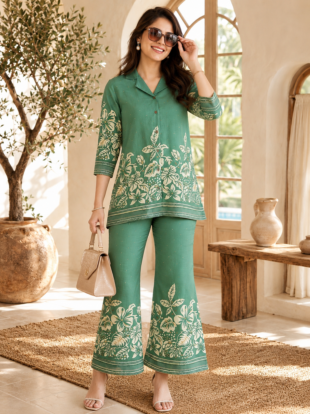Green Chanderi Floral Casual Co-ord Set for Women | Claura