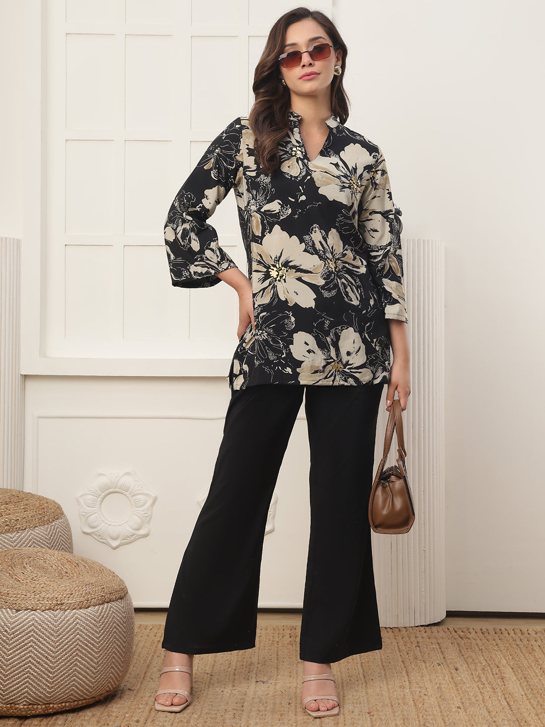 Woman wearing Black Floral Chanderi Silk Co-Ord Set