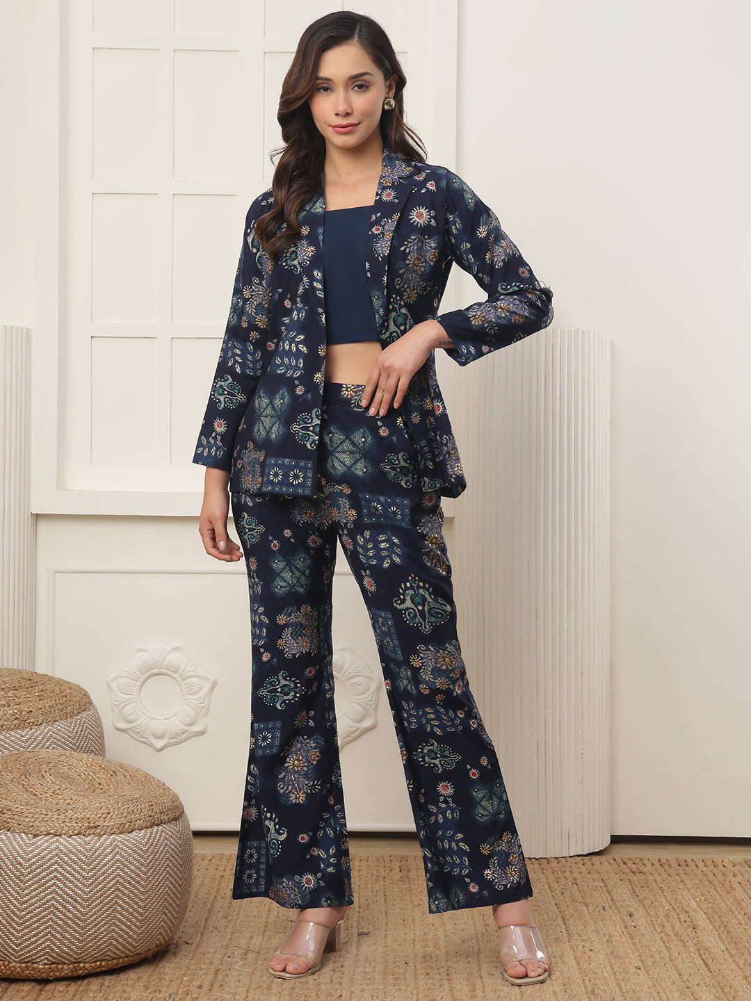 Close-up of Chanderi Silk jacket detail on Navy Blue Co-Ord Set