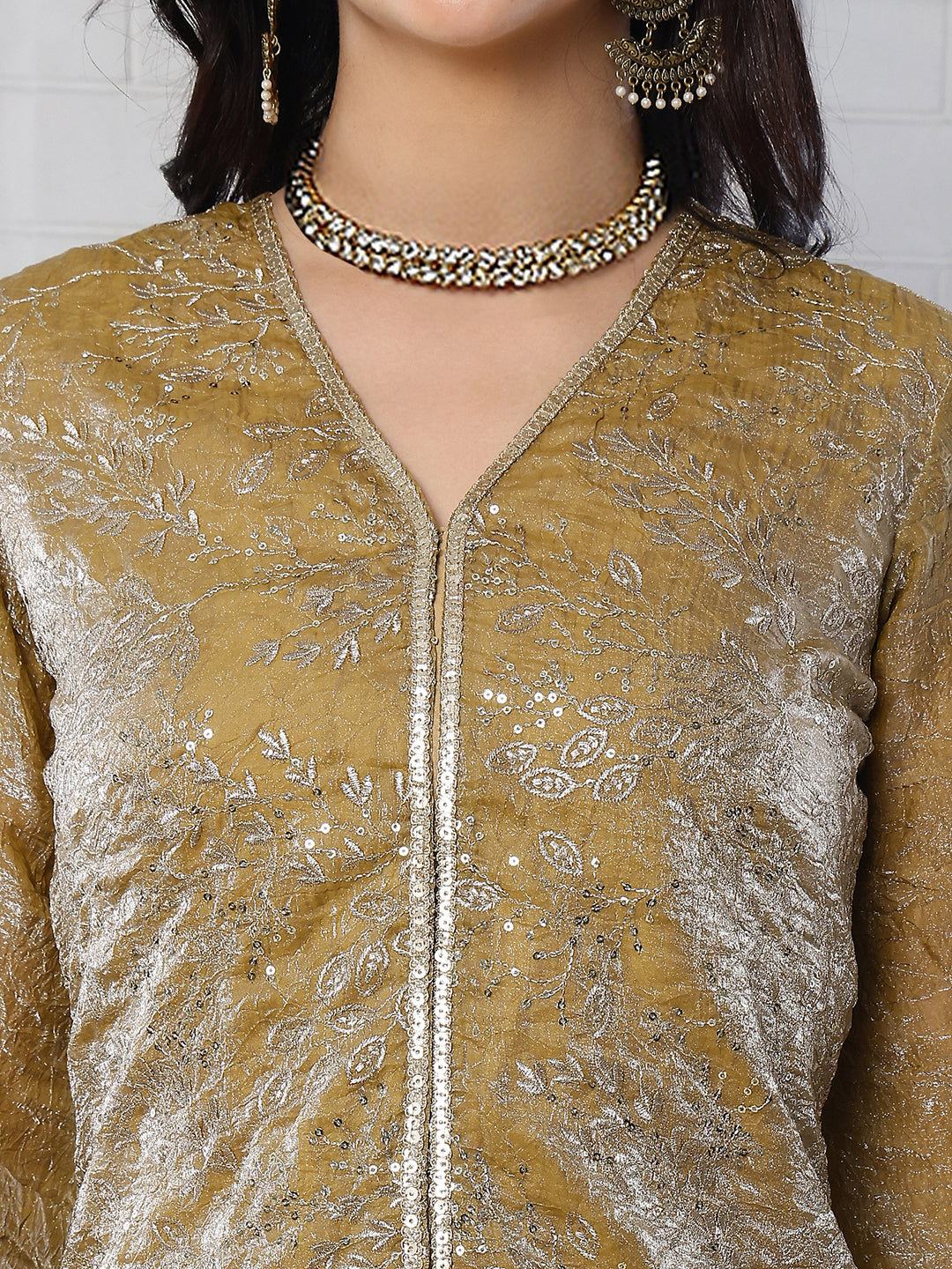 Elegant Gold-Toned Embroidered V-Neck Tunic with Palazzo Set | Claura