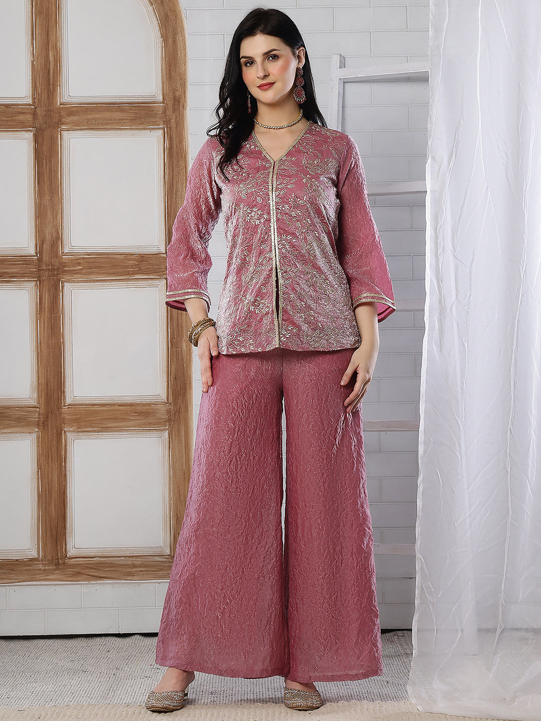 Elegant Pink Embroidered V-Neck Tunic with Palazzo Set | Claura
