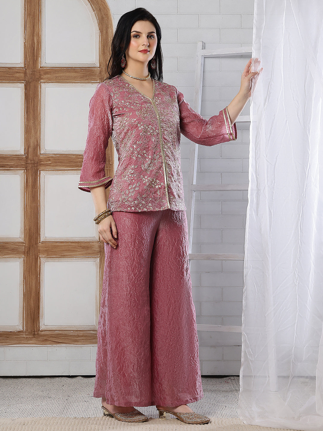 Elegant Pink Embroidered V-Neck Tunic with Palazzo Set | Claura