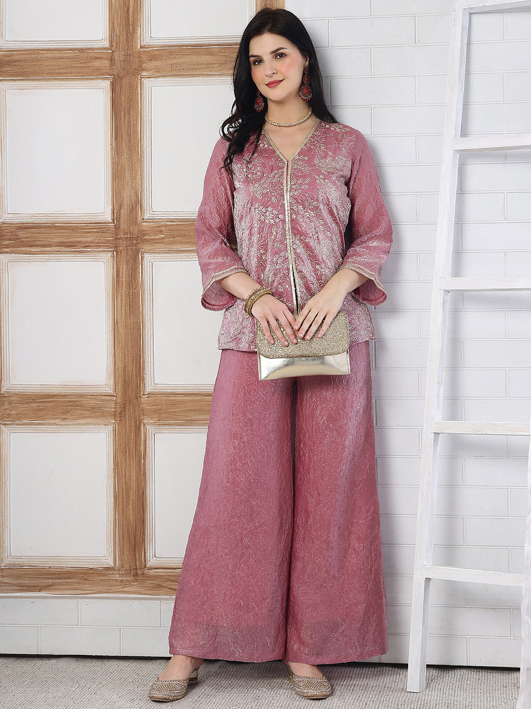 Elegant Pink Embroidered V-Neck Tunic with Palazzo Set | Claura