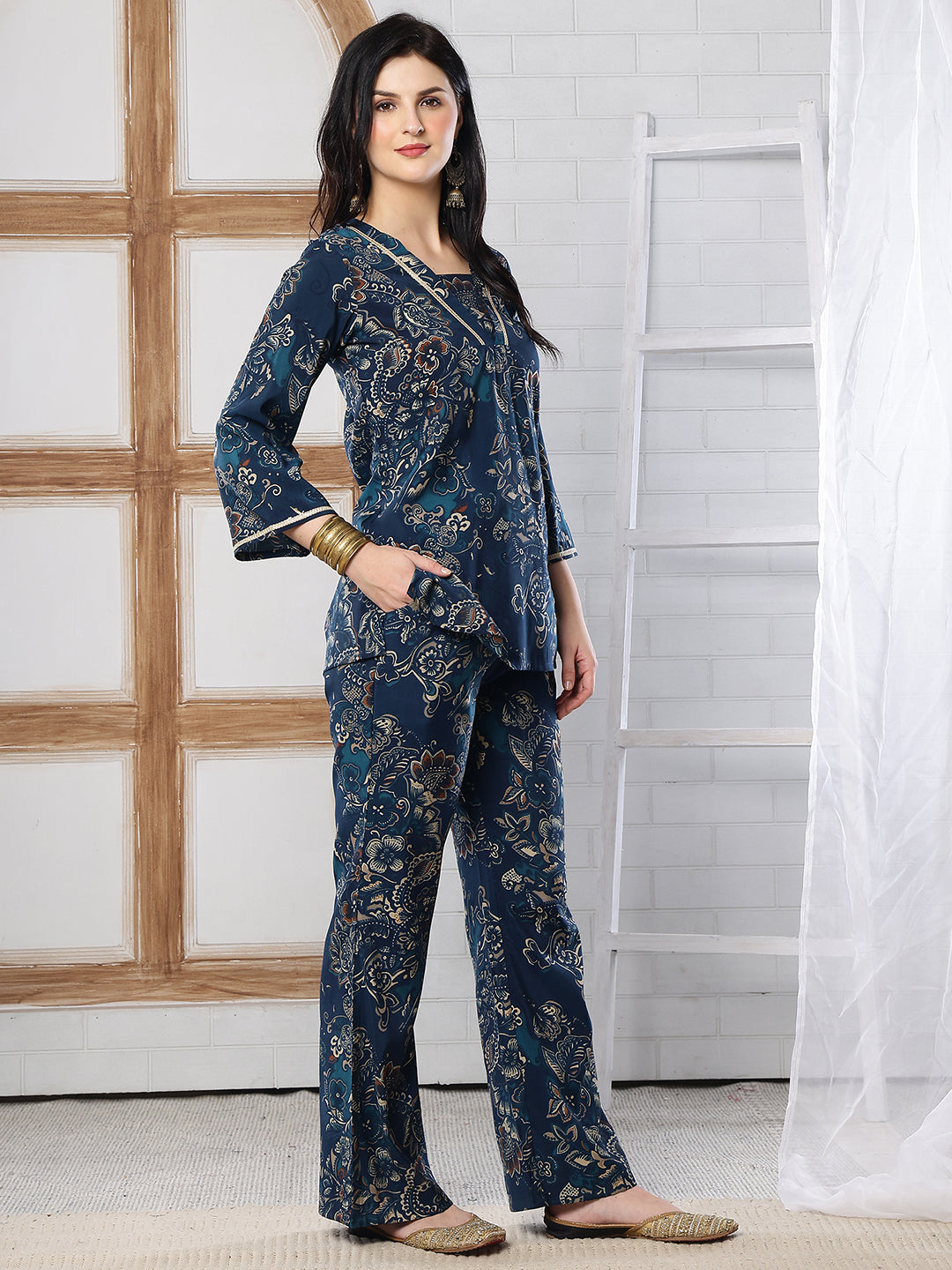 Teal Blue Abstract Printed Silk Co-Ord Set for Women | Claura