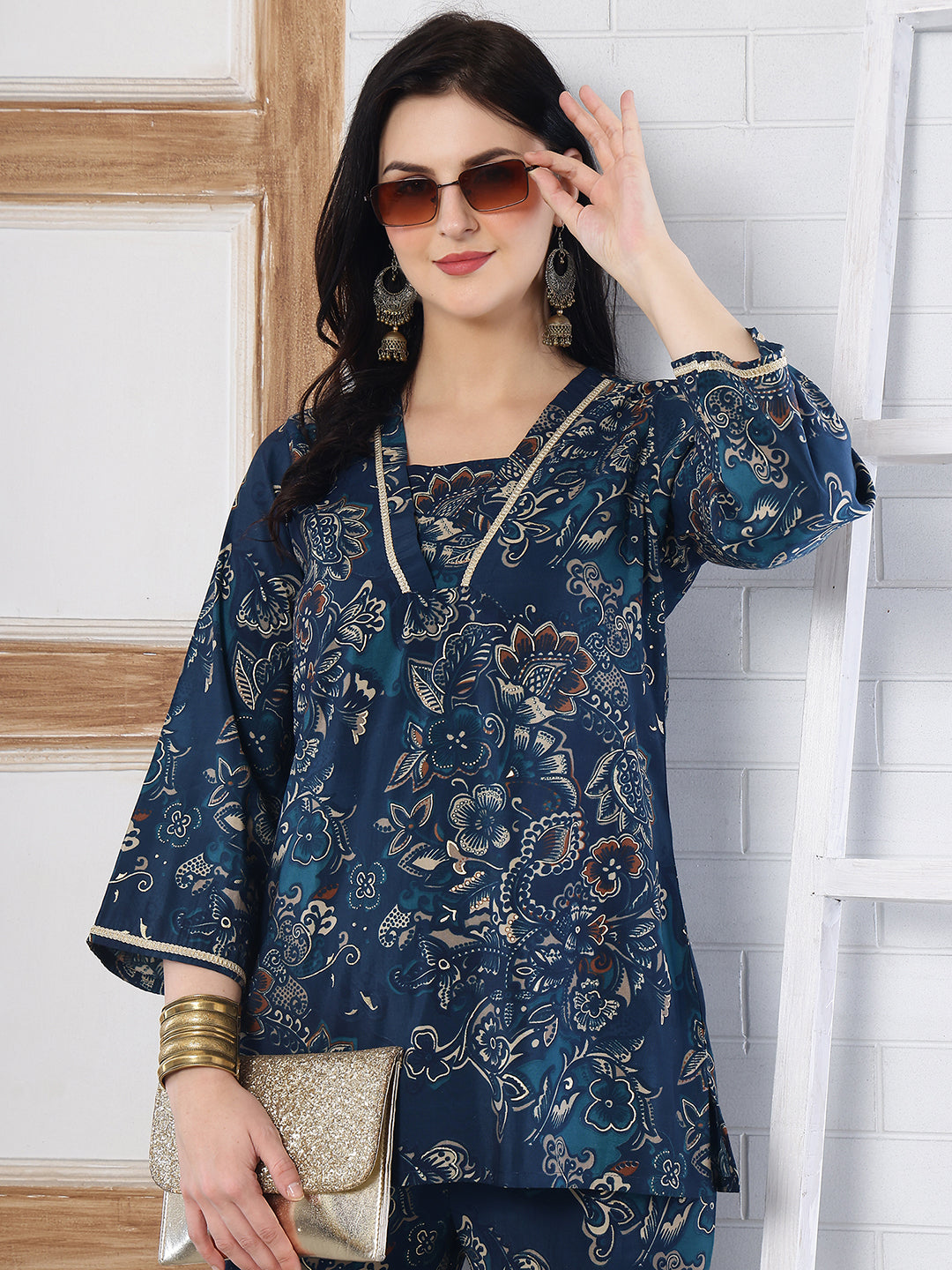 Teal Blue Abstract Printed Silk Co-Ord Set for Women | Claura