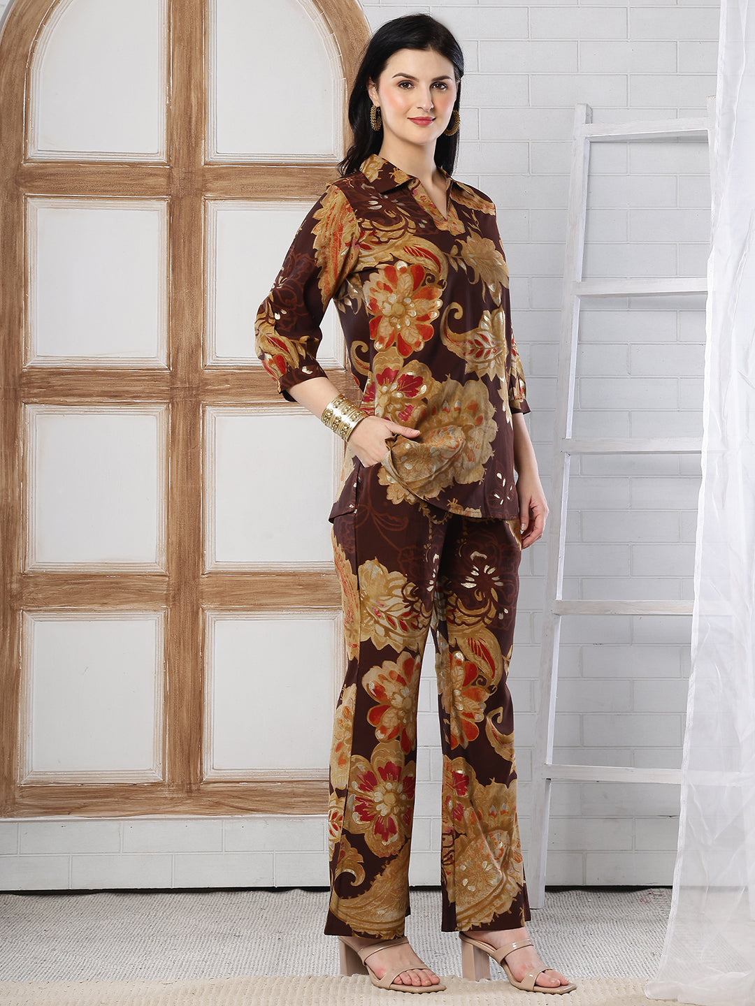 Brown Floral Printed Silk Co-Ord Set for Women | Claura