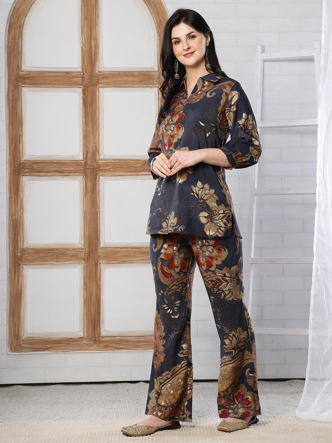Grey Floral Printed Silk Co-Ord Set for Women | Claura