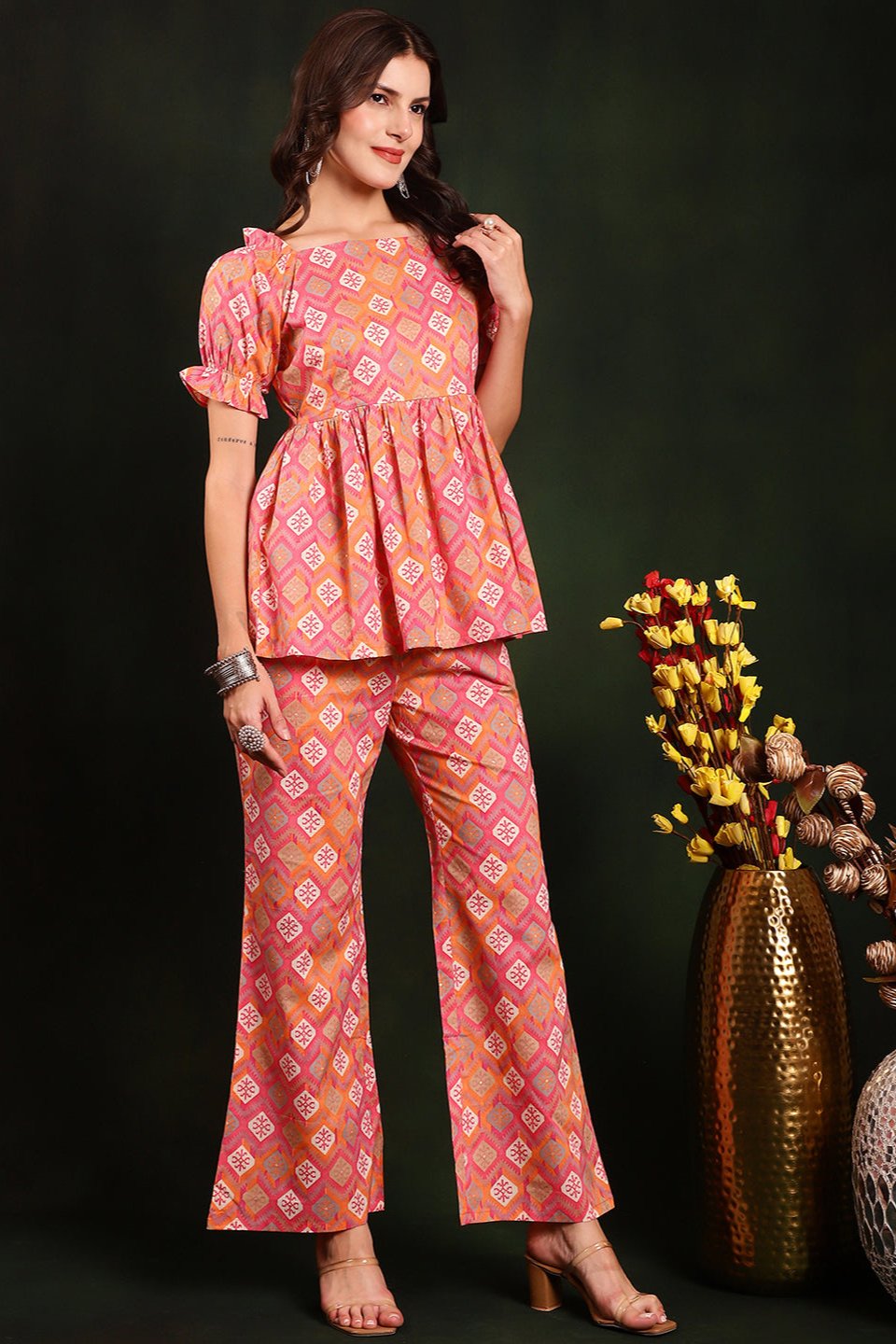 Pink Co-Ord Set with straight trousers & puff-sleeve tunic