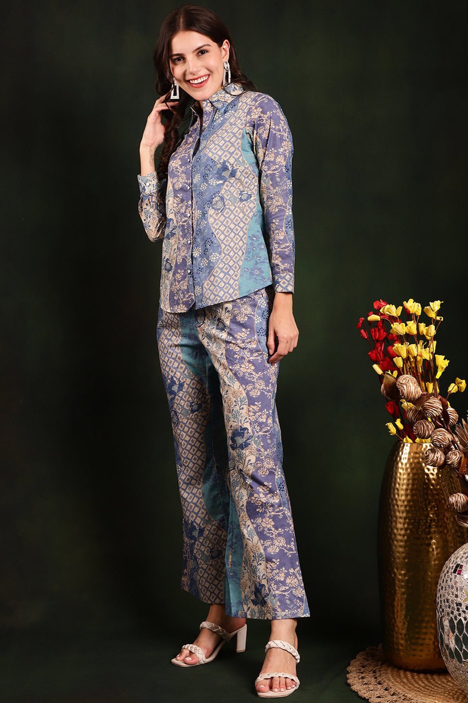 Blue Co-Ord Set with Flared Trousers & Collared Shirt
