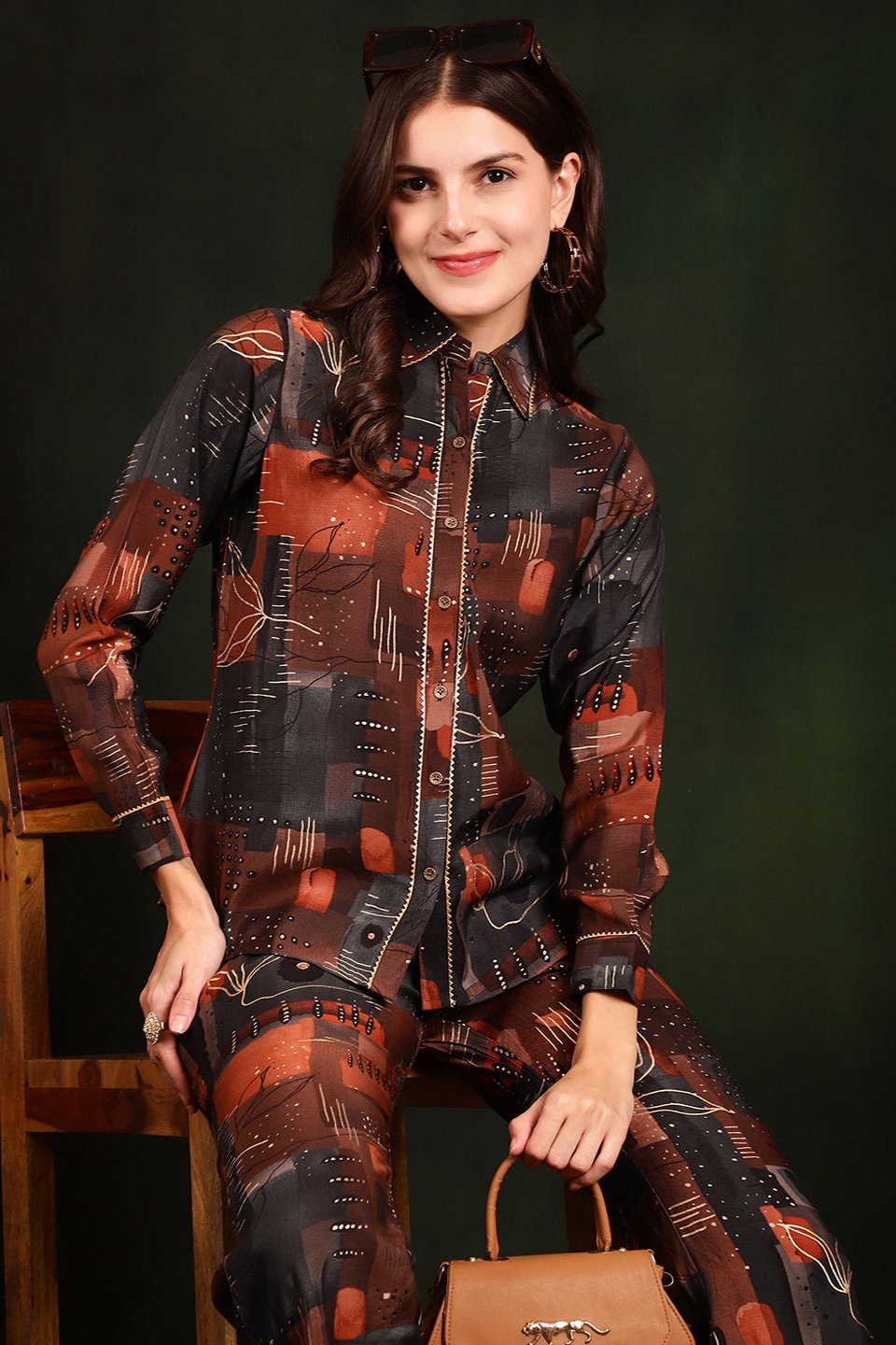 Close-up of Chanderi Silk fabric on Brown Co-Ord Set