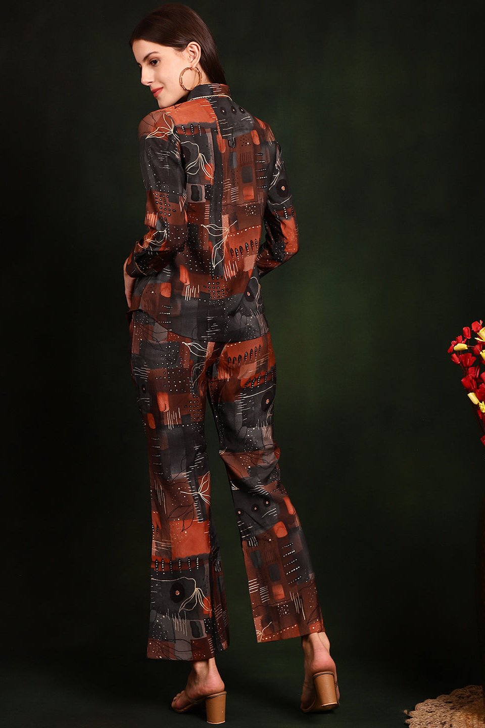 Brown Co-Ord Set with Trousers & Shirt Collar top