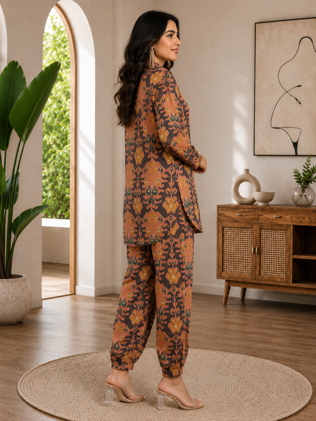 Peach Color Tropical Printed Chanderi Silk Co-ord Set