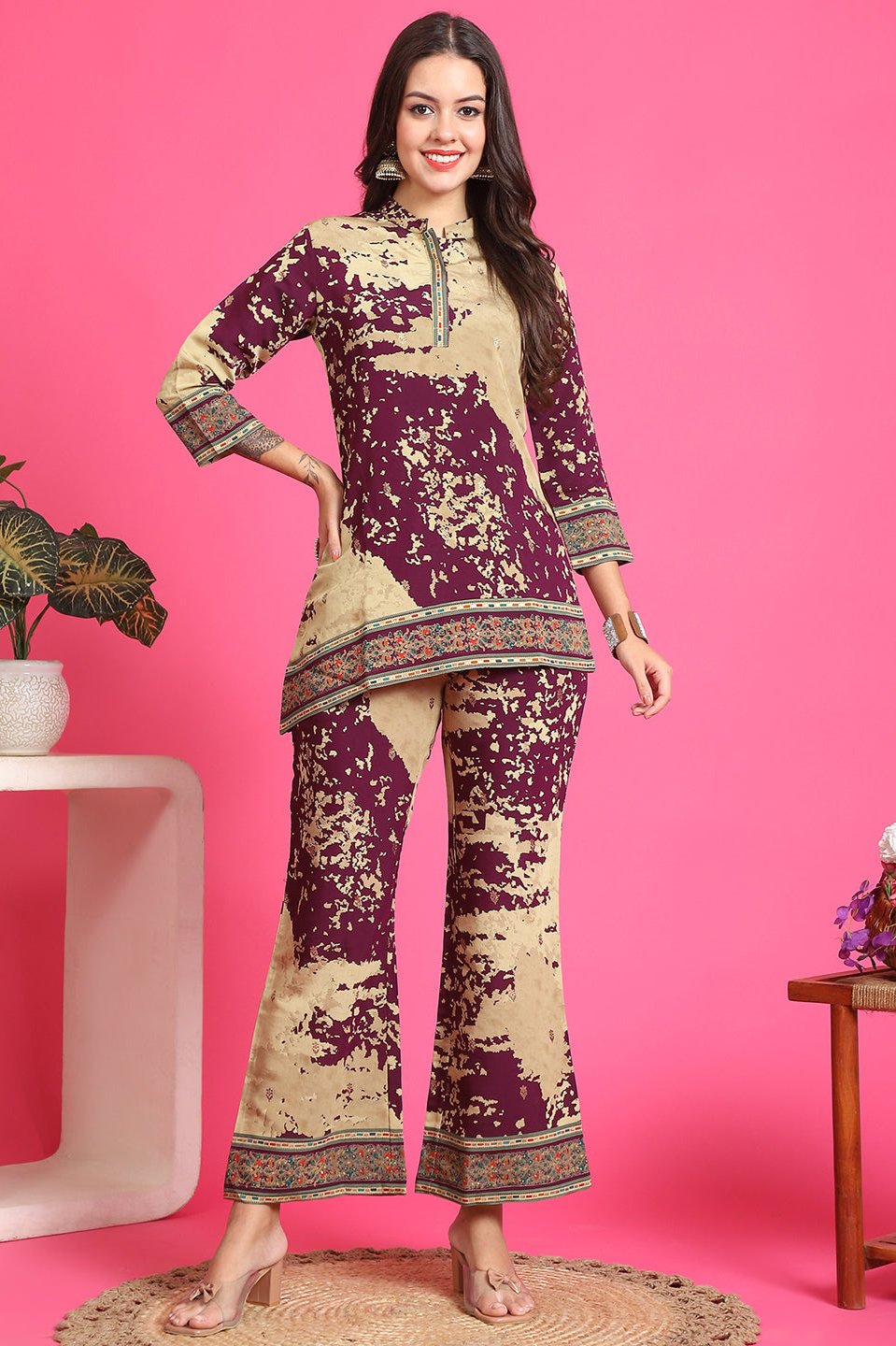 Lifestyle shot of Abstract Print Co-Ord Set in a daylight setting