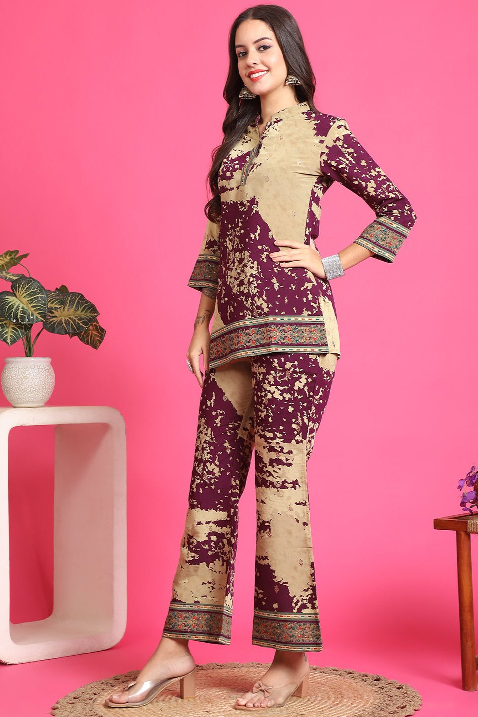 Purple Co-Ord Set with Tailored Trousers & Flowy Tunic Top