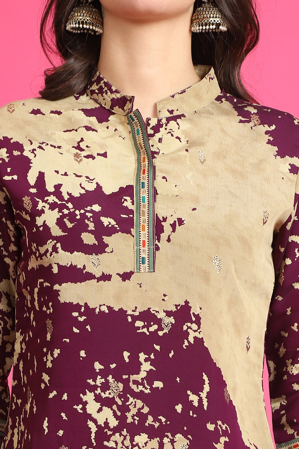 Close-up of Chanderi Silk fabric on Purple Co-Ord Set