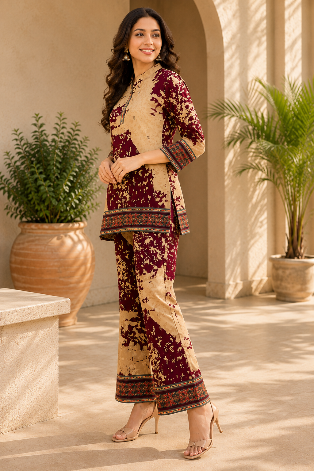 Purple Abstract Chanderi Silk Co-Ord Set Women 3/4th Sleeves