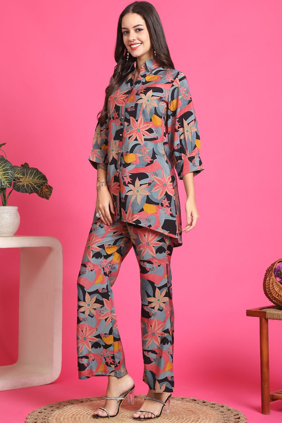 Black Floral Printed Tunic & Trousers Co-Ord Set for Women | Claura