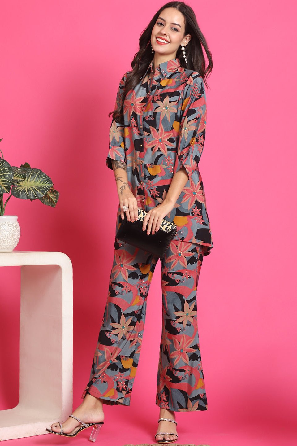 Black Floral Printed Tunic & Trousers Co-Ord Set for Women | Claura