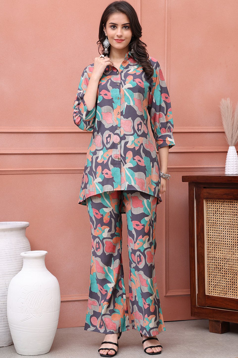 Grey Abstract Printed Premium Chanderi Co-Ord Set for Women | Claura