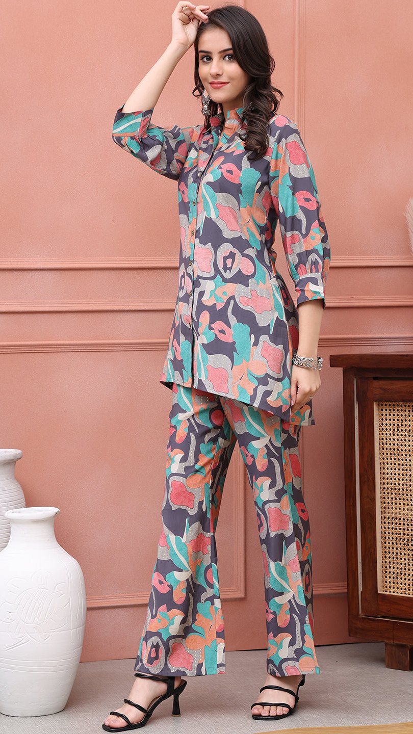 Grey Abstract Printed Premium Chanderi Co-Ord Set for Women | Claura