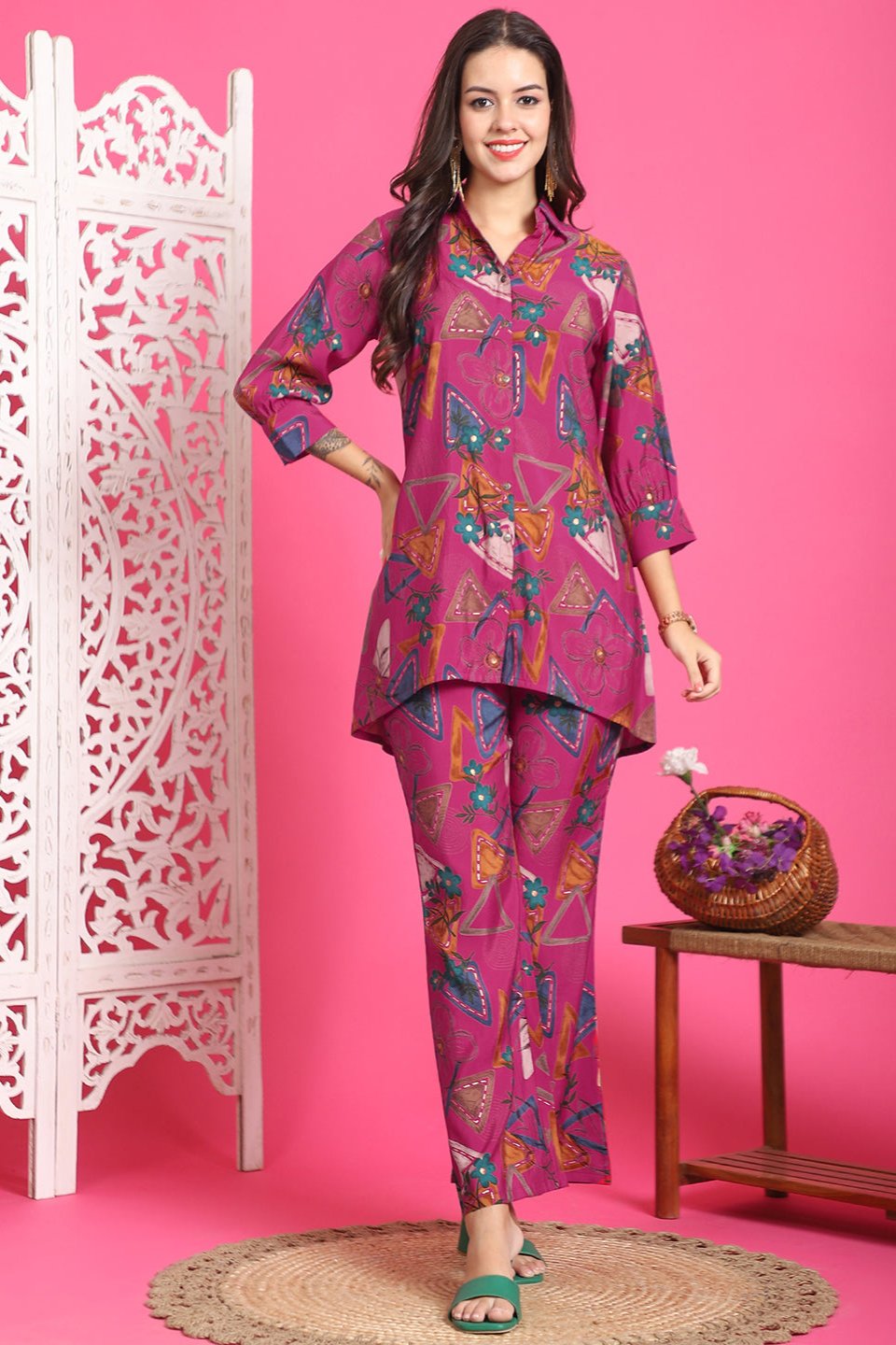 Magenta Abstract Printed Chanderi Premium Co-Ord Set for Women | Claura