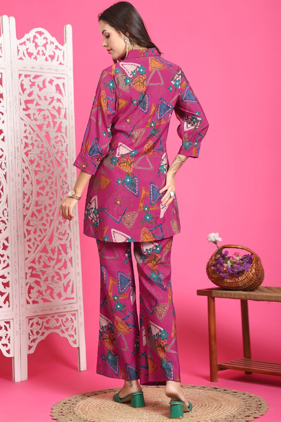 Magenta Abstract Printed Chanderi Premium Co-Ord Set for Women | Claura