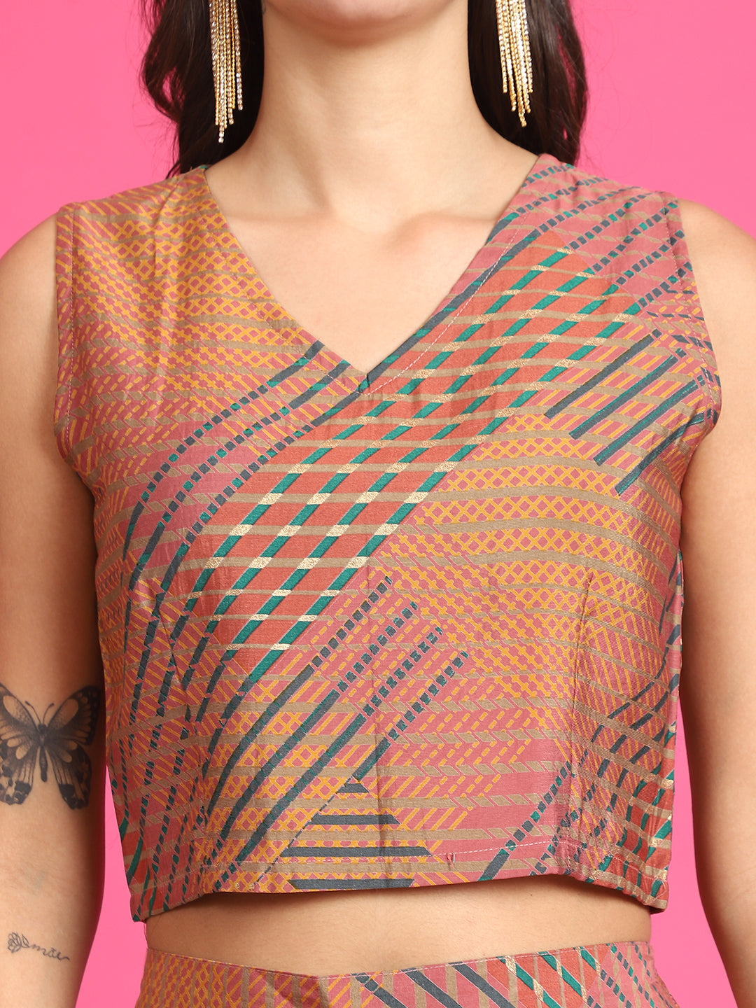 Pink Abstract Printed Chanderi Co-Ord Set for Women | Claura