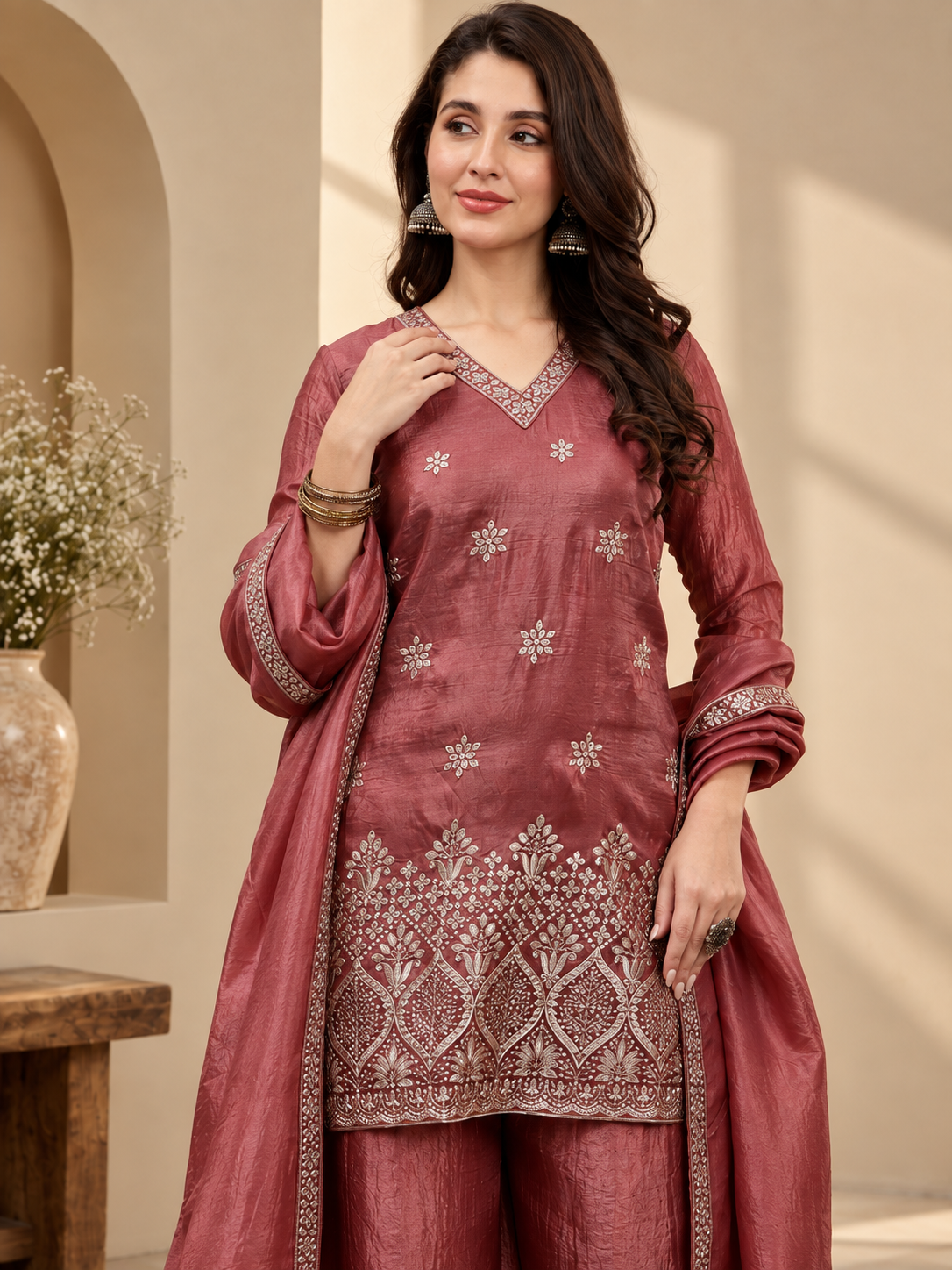 Burgundy Bloom Embroidered Silk Suit Set with Dupatta | Claura